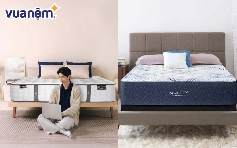 So sánh nệm hybrid King Koil (bên trái) và nệm hybrid Therapedic (bên phải)