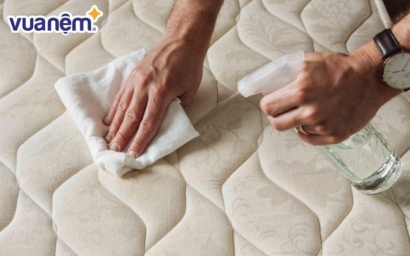 Dùng bình xịt chứa rượu và nước ấm để xịt lên bề mặt nệm