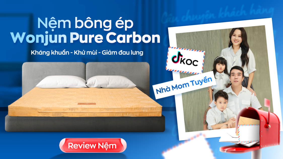 TikToker Nhà Mom Tuyền review mẫu nệm Wonjun Pure Carbon