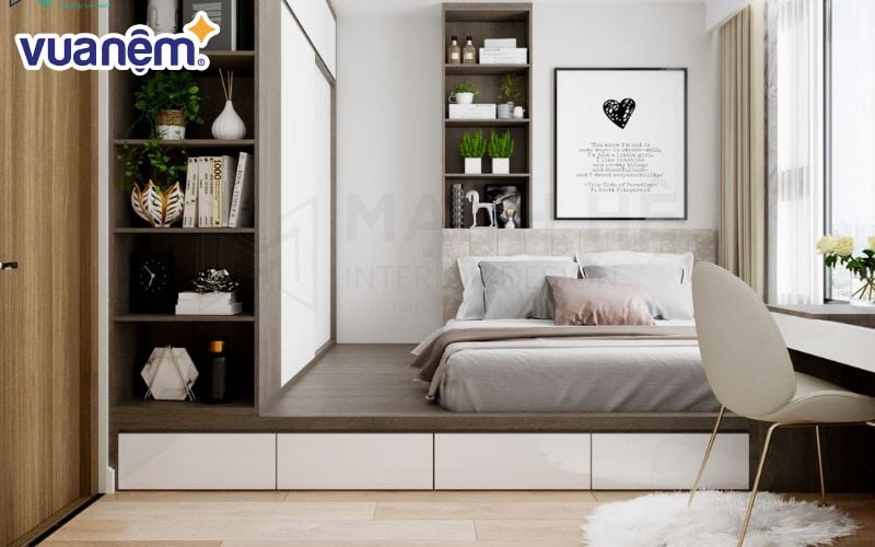 Giường bục thông minh kết hợp tủ kéo phong cách Nhật và kệ trang trí