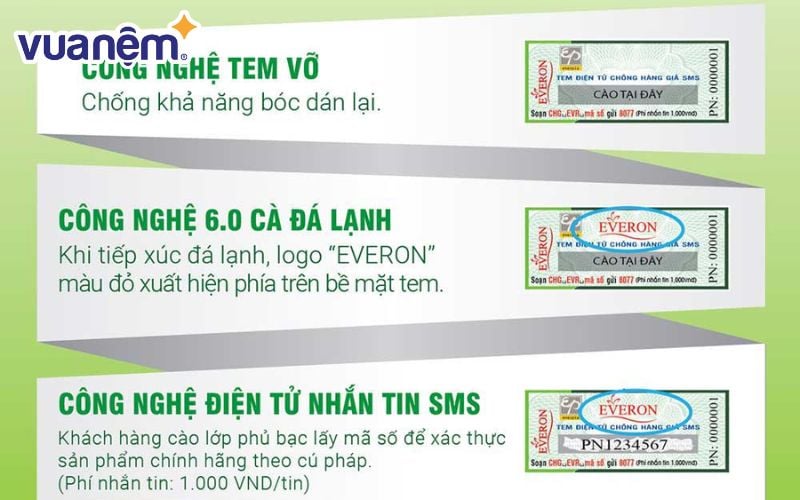 Khách hàng có thể phân biệt nệm Everon thật giả qua tem công nghệ mới