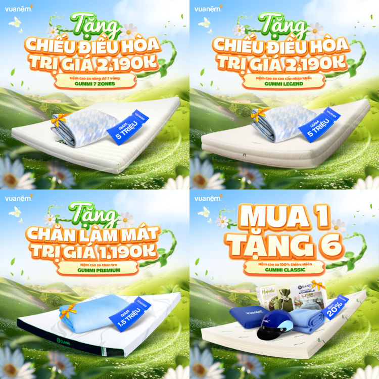 Nệm cao su: Giảm giá + Tặng chăn hoặc chiếu làm mát