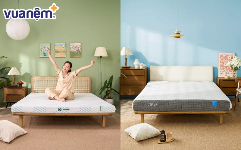 Nệm cao su thiên nhiên (bên phải) và nệm foam (bên trái)