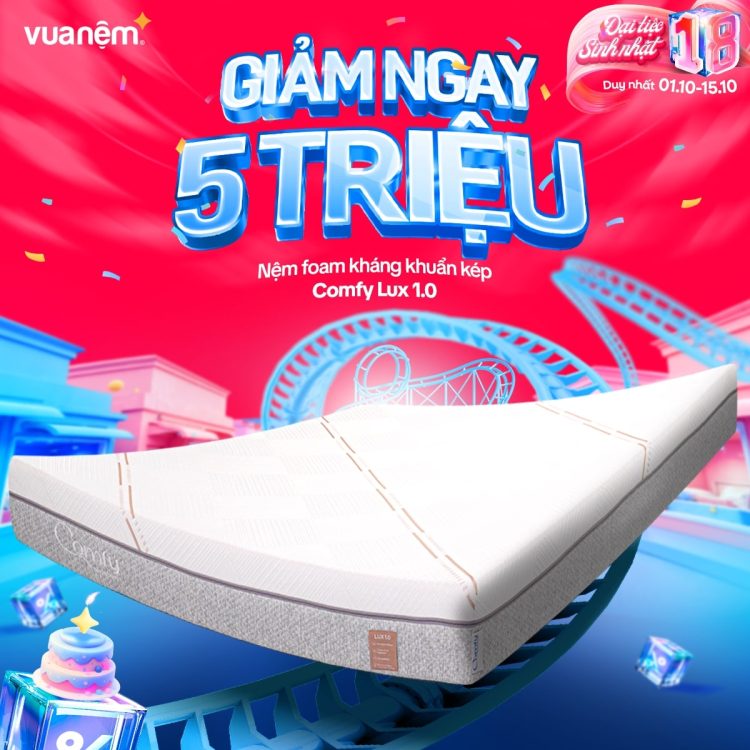 Nệm foam kháng khuẩn Comfy Lux 1.0 giảm 5 triệu