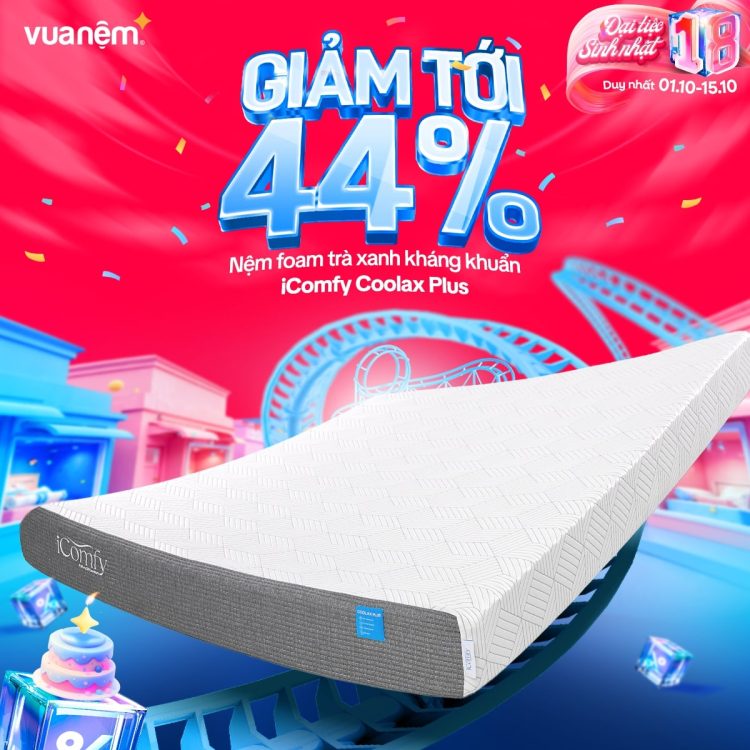Nệm foam trà xanh kháng khuẩn Coolax Plus sale 44%